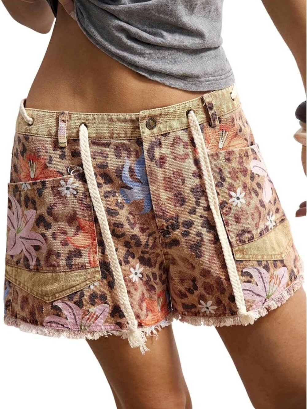 Floral Cheetah Print Denim Shorts | Raw Trim, Drawstring, Wide Leg Boho Jorts